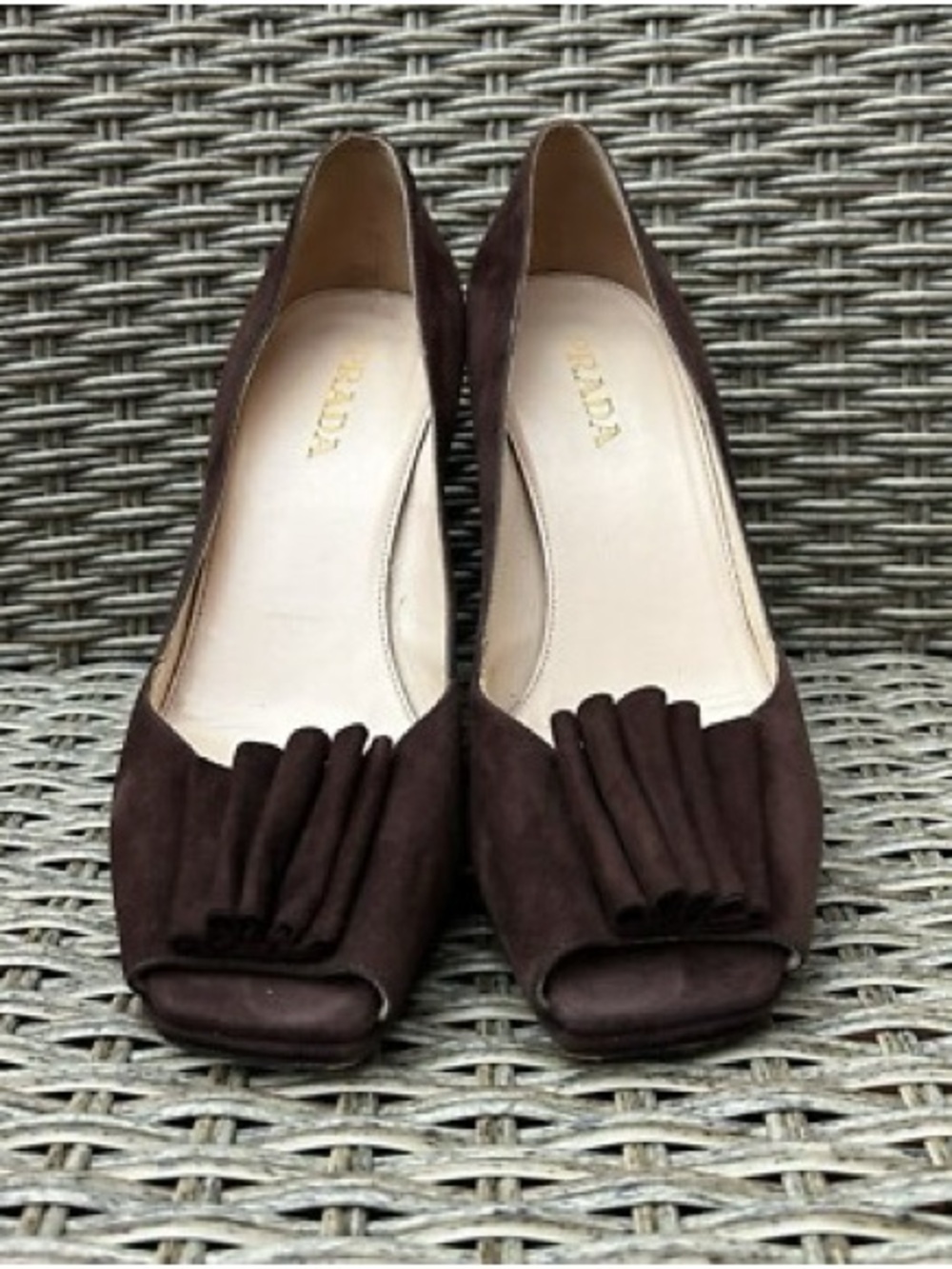 Prada Dark Brown Suede Peep-Toe Pumps with Pleated Front